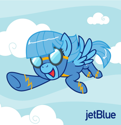 Size: 562x579 | Tagged: safe, artist:hezaa, oc, oc only, oc:jet stream, species:pegasus, species:pony, airline, cloud, cloudy, female, flying, goggles, jetblue, mare, mascot, ponified, solo, wonderbolts, wonderbolts uniform