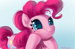 Size: 1008x660 | Tagged: safe, artist:fantazyme, character:pinkie pie, species:earth pony, species:pony, blushing, cute, diapinkes, female, hoof on cheek, hooves on cheeks, looking up, mare, smiling, solo, squishy cheeks