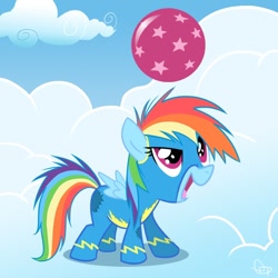 Size: 792x792 | Tagged: safe, artist:yikomega, character:rainbow dash, species:pegasus, species:pony, ball, cloud, female, filly, filly rainbow dash, foal, hooves, on a cloud, solo, spread wings, standing on a cloud, wings, wonderbolts uniform, younger