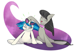 Size: 903x668 | Tagged: safe, artist:seanica, character:dj pon-3, character:octavia melody, character:vinyl scratch, eyes closed, gritted teeth, noogie, sitting