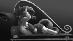 Size: 2560x1440 | Tagged: safe, artist:creamy_roux, character:rarity, species:pony, species:unicorn, episode:rarity investigates, g4, my little pony: friendship is magic, clothing, couch, draw me like one of your french girls, dress, eyes closed, fainting couch, female, mare, monochrome, signature, smiling, solo