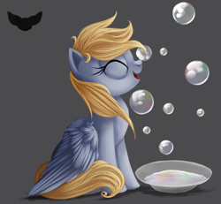 Size: 994x919 | Tagged: safe, artist:ailatf, character:derpy hooves, species:pegasus, species:pony, bubble, eyes closed, female, mare, simple background, sitting, solo
