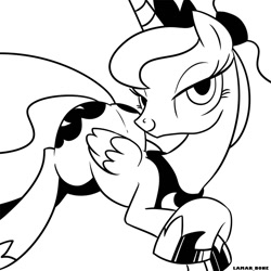 Size: 800x800 | Tagged: safe, artist:lamar_bone, derpibooru original, character:princess luna, species:alicorn, species:pony, alternate hairstyle, bedroom eyes, black and white, crossed hooves, female, grayscale, jewelry, lineart, mare, monochrome, ponytail, prone, regalia, simple background, smiling, solo, white background