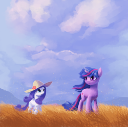 Size: 902x900 | Tagged: safe, artist:maggwai, character:rarity, character:twilight sparkle, character:twilight sparkle (unicorn), species:pony, species:unicorn, :o, clothing, cloud, cloudy, duo, field, frown, grass, grass field, hat, mountain, open mouth, scenery, windswept mane