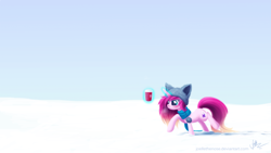 Size: 2560x1440 | Tagged: safe, artist:creamy_roux, oc, oc only, oc:cerise, species:pony, species:unicorn, angry, clothing, coffee, cold, female, frown, glowing horn, hat, magic, mare, scarf, signature, sky, snow, solo, telekinesis, walking, winter