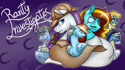 Size: 1920x1080 | Tagged: safe, artist:dragonademetal, character:rainbow dash, character:rarity, character:soarin', character:spitfire, character:wind rider, oc, oc:ilovekimpossiblealot, species:pony, episode:rarity investigates, g4, my little pony: friendship is magic, clothing, deerstalker, detective, detective rarity, hat, sherlock holmes
