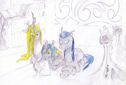 Size: 900x610 | Tagged: safe, artist:crystalightrocket, character:queen chrysalis, oc, species:changeling, blue changeling, book, changeling queen, changeling queen oc, female, parent, prone, reading, traditional art, yellow changeling, young, younger