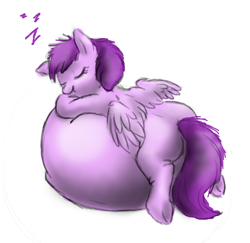 Size: 836x814 | Tagged: safe, artist:defenceless, oc, oc only, belly, belly bed, blank flank, fat, impossibly large belly, sleeping, stuffed, zzz