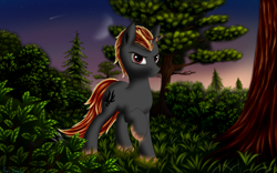Size: 3200x2000 | Tagged: safe, artist:pony-stark, oc, oc only, oc:shadowed ember, species:pony, species:unicorn, evening, fire, grass, looking at you, male, moon, outdoors, raised hoof, shooting star, sky, smirk, solo, stallion, stars, tree, twilight (astronomy)