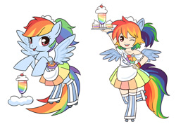 Size: 1024x724 | Tagged: safe, artist:kongyi, character:rainbow dash, species:human, carhop, clothing, cute, dashabetes, eared humanization, human ponidox, humanized, looking at you, milkshake, ponidox, rainbow dash always dresses in style, rearing, roller skates, simple background, skirt, sweets, tailed humanization, winged humanization, wink