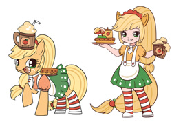 Size: 900x636 | Tagged: safe, artist:kongyi, character:applejack, species:human, alcohol, apple, cake, cider, clothing, drink, eared humanization, food, human ponidox, humanized, looking at you, maid, ponidox, simple background, tailed humanization, tray, wink