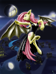 Size: 768x1024 | Tagged: safe, artist:a8702131, character:flutterbat, character:fluttershy, species:bat pony, species:pony, episode:scare master, g4, my little pony: friendship is magic, black dress, clothing, dress, female, flying, moon, night, solo