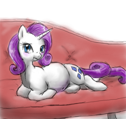 Size: 900x848 | Tagged: safe, artist:defenceless, character:rarity, species:pony, species:unicorn, belly, big belly, blushing, couch, fat, female, mare, prone, raritubby, story in the source, weight gain