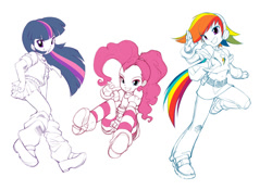 Size: 900x629 | Tagged: safe, artist:bleedman, character:pinkie pie, character:rainbow dash, character:twilight sparkle, species:human, belly button, clothing, female, humanized, midriff, partial color, shoes, simple background, skirt, sneakers, white background