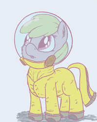 Size: 600x752 | Tagged: safe, artist:sandwichdelta, oc, oc only, oc:puppysmiles, species:earth pony, species:pony, fallout equestria, canterlot ghoul, ear fluff, fallout, fallout equestria: pink eyes, fanfic, fanfic art, female, filly, fluffy, foal, hazmat suit, hooves, radiation suit, simple background, solo