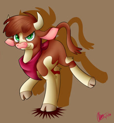 Size: 1024x1104 | Tagged: safe, artist:mysteryart716, community related, character:arizona cow, species:cow, them's fightin' herds, bandana, brown background, cloven hooves, dreamworks face, female, leg fluff, looking at you, signature, simple background, solo