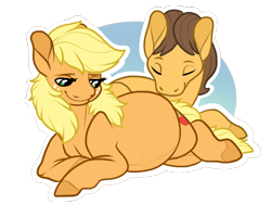 Size: 800x600 | Tagged: safe, artist:seffiron, character:applejack, character:caramel, ship:carajack, alternate hairstyle, belly, eyes closed, female, freckles, hooves, lidded eyes, male, mane down, on side, preggo jack, pregnant, prone, shipping, smiling, straight