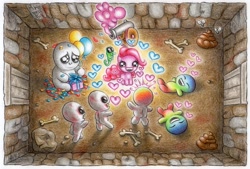 Size: 1918x1297 | Tagged: safe, artist:deathcutlet, character:gummy, character:pinkie pie, balloon, bone, cannon, crossover, heart, poop, present, the binding of isaac, traditional art