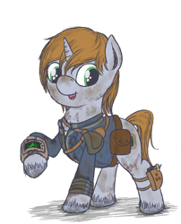 Size: 800x990 | Tagged: safe, artist:sandwichdelta, oc, oc only, oc:littlepip, species:pony, species:unicorn, fallout equestria, chest fluff, colored hooves, cute, dirty, ear fluff, fallout, fanfic, fanfic art, female, freckles, gun, handgun, hooves, horn, little macintosh, mare, open mouth, pipbuck, revolver, saddle bag, simple background, smiling, solo, unshorn fetlocks, vault suit, weapon, white background