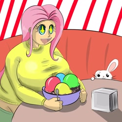 Size: 1600x1600 | Tagged: safe, artist:metalforever, character:angel bunny, character:fluttershy, species:human, big breasts, breasts, busty fluttershy, clothing, eyes on the prize, fat, fattershy, female, huge breasts, humanized, ice cream, spoon, sweatershy