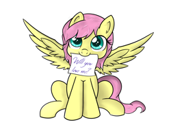 Size: 1600x1200 | Tagged: safe, artist:fluttershy-wins, character:fluttershy, alternate hairstyle, cute, female, heart, love me, mouth hold, short hair, shyabetes, sitting, solo