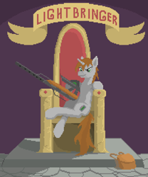 Size: 600x720 | Tagged: safe, artist:quadrog, oc, oc only, oc:littlepip, species:pony, species:unicorn, fallout equestria, bag, cutie mark, fanfic, fanfic art, female, gun, hooves, horn, lightbringer, mare, old banner, optical sight, pipbuck, pixel art, rifle, sitting, smiling, sniper rifle, solo, text, throne, weapon