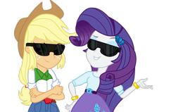 Size: 1069x679 | Tagged: safe, artist:noahther, character:applejack, character:rarity, ship:rarijack, my little pony:equestria girls, deal with it, eyes closed, female, glasses, lesbian, shipping, sunglasses, swag