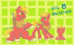 Size: 1250x767 | Tagged: safe, artist:bunina, character:big mcintosh, species:earth pony, species:pony, abstract background, age progression, baby, colt, colt big macintosh, diaper, foal, male, solo, stallion, teenage big macintosh, teenager, younger