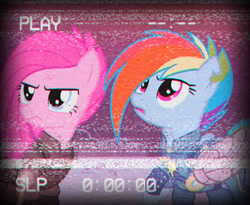 Size: 1280x1050 | Tagged: safe, artist:sandwichdelta, artist:sandwichhorsearchive, edit, edited screencap, screencap, character:pinkamena diane pie, character:pinkie pie, character:rainbow dash, episode:the cutie re-mark, 80s, alternate hairstyle, alternate timeline, alternate universe, amputee, apinkalypse pie, apocalypse dash, artificial wings, augmented, biohacking, chromatic aberration, crystal war timeline, cyberpunk, prosthetic limb, prosthetic wing, prosthetics, vcr, wings