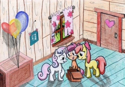 Size: 3414x2387 | Tagged: safe, artist:patchnpaw, character:apple bloom, character:scootaloo, character:sweetie belle, balloon, box, cutie mark crusaders, picture, shadow, traditional art, treehouse