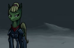 Size: 1280x836 | Tagged: safe, artist:quadrog, oc, oc only, oc:emerald green, species:pegasus, species:pony, fallout equestria, clothing, fallout equestria: the fossil, lidded eyes, solo
