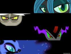 Size: 1600x1200 | Tagged: safe, artist:bronyb34r, artist:lcpsycho, artist:luckysmores, artist:mikamckeena, artist:sapoltop, character:discord, character:king sombra, character:nightmare moon, character:princess luna, character:queen chrysalis, bars, black background, dem eyes, simple background, vector, wallpaper