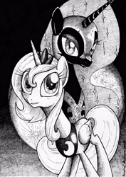 Size: 3455x4869 | Tagged: safe, artist:smellslikebeer, character:nightmare moon, character:princess luna, black and white, crosshatch, duality, folded wings, grayscale, ink, looking at you, monochrome, traditional art