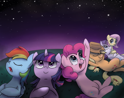 Size: 1462x1162 | Tagged: safe, artist:spicyhamsandwich, character:applejack, character:fluttershy, character:pinkie pie, character:rainbow dash, character:rarity, character:twilight sparkle, mane six, night, on back, sleeping, stargazing, stars