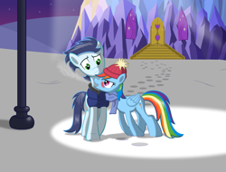 Size: 3491x2658 | Tagged: safe, artist:rebron-y, character:rainbow dash, character:soarin', species:pony, ship:soarindash, blushing, clothing, female, male, scarf, shipping, snow, straight, twilight's castle, winter