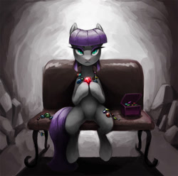 Size: 1024x1017 | Tagged: safe, artist:sunbusting, character:maud pie, bench, cave, female, hoof hold, looking at you, rock candy necklace, sitting, solo