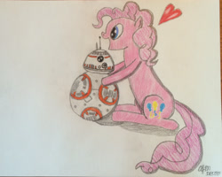 Size: 1024x818 | Tagged: safe, artist:ahsokafan100, character:pinkie pie, astromech droid, bb-8, crossover, cute, droid, heart, signature, smiling, star wars, star wars: the force awakens, traditional art