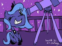 Size: 1600x1200 | Tagged: safe, artist:hackd, character:princess luna, 30 minute art challenge, female, filly, sitting, solo, telescope, woona