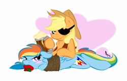 Size: 3300x2100 | Tagged: safe, artist:littletiger488, character:applejack, character:rainbow dash, ship:appledash, angry, apple gag, blushing, bondage, chest fluff, cider, clothing, costume, drink, eyepatch, female, floppy ears, gag, glare, high res, lesbian, prone, rope, shipping, smiling, smirk, tankard, teasing, tied up