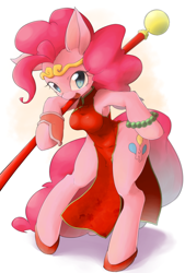 Size: 1378x2039 | Tagged: safe, artist:hidamariru, character:pinkie pie, species:anthro, arm hooves, armpits, breasts, cheongsam, chestbreasts, clothing, cute, diapinkes, female, journey to the west, pixiv, pole, side slit, solo, staff, sun wukong