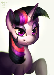 Size: 1024x1409 | Tagged: safe, artist:shira-hedgie, character:twilight sparkle, species:pony, female, grin, looking at you, mare, portrait, raised hoof, smiling, solo