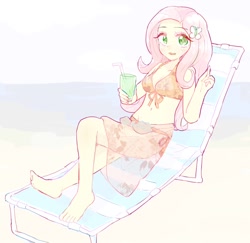 Size: 786x765 | Tagged: safe, artist:nemucure, character:fluttershy, species:human, my little pony:equestria girls, barefoot, beach, beach chair, belly button, bikini, cleavage, clothing, colored pupils, cute, feet, female, midriff, pixiv, sarong, sexy, shyabetes, solo, swimsuit