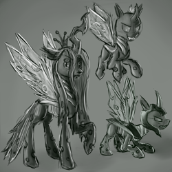 Size: 4000x4000 | Tagged: safe, artist:whazzam95, character:queen chrysalis, species:changeling, changeling officer, changeling queen, female, helmet, monochrome
