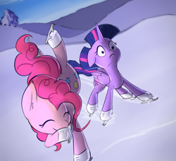 Size: 2000x1821 | Tagged: safe, artist:whazzam95, character:pinkie pie, character:twilight sparkle, character:twilight sparkle (alicorn), species:alicorn, species:pony, episode:winter wrap up, g4, my little pony: friendship is magic, female, ice skating, mare, scene interpretation