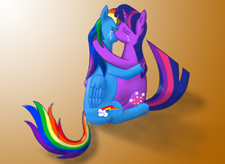 Size: 1024x745 | Tagged: safe, artist:furor1, character:rainbow dash, character:twilight sparkle, species:pegasus, species:pony, species:unicorn, ship:twidash, crying, female, gradient background, kissing, lesbian, mare, shipping, sitting