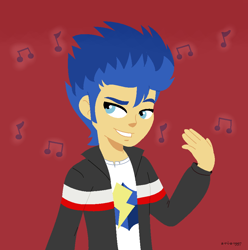 Size: 906x913 | Tagged: safe, artist:a-r-i-a-1997, character:flash sentry, episode:a banner day, g4, my little pony: equestria girls, my little pony:equestria girls, bedroom eyes, bishonen, clothing, humanized, jacket, love in a flash, male, music notes, scene interpretation, shit eating grin, smiling, solo, stupid sexy flash sentry