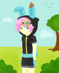 Size: 1024x1282 | Tagged: safe, artist:a-r-i-a-1997, character:fluttershy, my little pony:equestria girls, adorascotch, bunny ears, butterscotch, clothing, costume, cute, dangerous mission outfit, equestria guys, femboy, goggles, hoodie, looking at you, male, rule 63, rule63betes, solo, trap