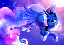 Size: 1024x724 | Tagged: safe, artist:shira-hedgie, character:princess luna, species:alicorn, species:pony, bedroom eyes, cute, feather, female, flying, glowing mane, happy, looking back, lunabetes, mare, night, open mouth, sky, smiling, solo, sparkles, stars