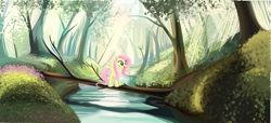 Size: 6578x2998 | Tagged: safe, artist:tgolyi, character:fluttershy, female, forest, river, solo, tree trunk