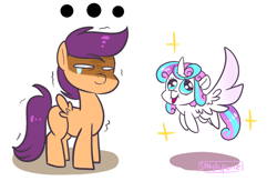 Size: 1024x666 | Tagged: safe, artist:sallylapone, character:princess flurry heart, character:scootaloo, species:alicorn, species:pegasus, species:pony, spoiler:s06, baby, baby pony, filly, flurry heart vs scootaloo, foal, scootaloo can't fly, young